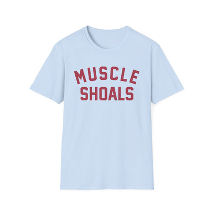 Light blue t-shirt with "MUSCLE SHOALS" in red collegiate font.