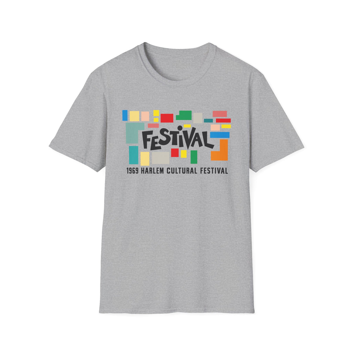 Grey t-shirt with "FESTIVAL" and "1969 Harlem Cultural Festival" text.