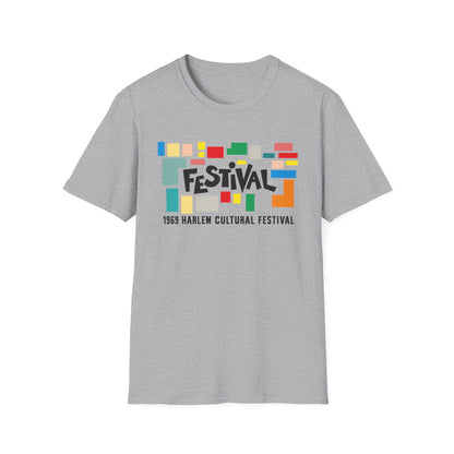 Grey t-shirt with "FESTIVAL" and "1969 Harlem Cultural Festival" text.