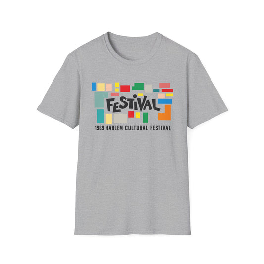 Grey t-shirt with "FESTIVAL" and "1969 Harlem Cultural Festival" text.