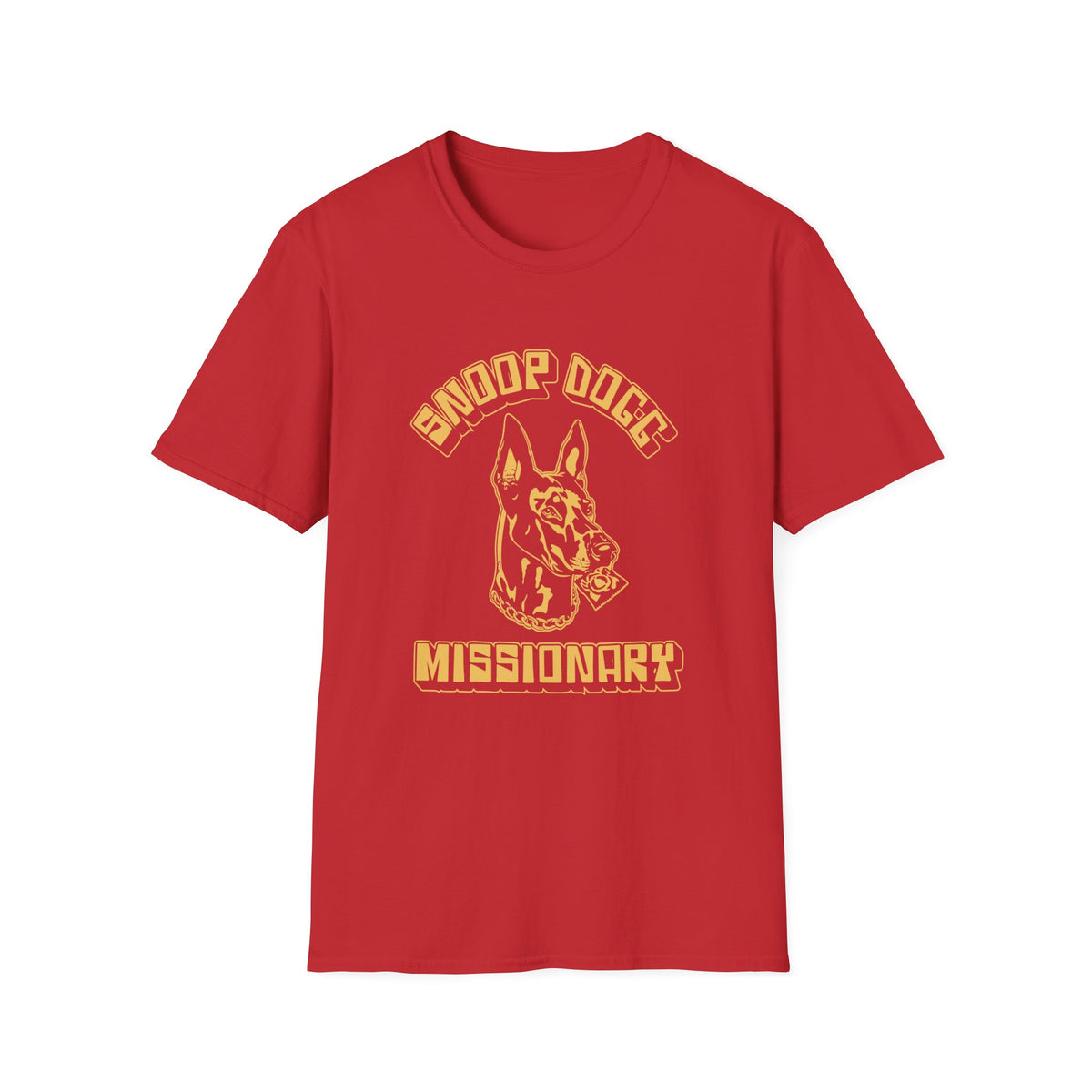 Red t-shirt with Snoop Dogg Missionary graphic featuring a dog.