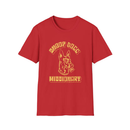 Red t-shirt with Snoop Dogg Missionary graphic featuring a dog.