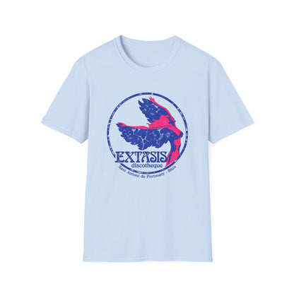 Light blue t-shirt with circular Extasis discotheque logo featuring a winged figure.