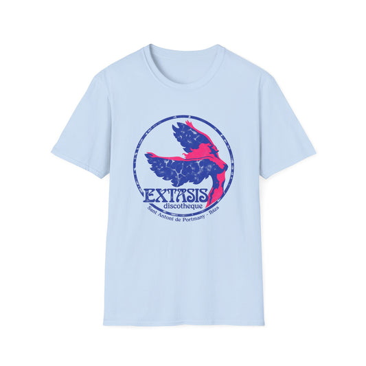 Light blue t-shirt with circular Extasis discotheque logo featuring a winged figure.