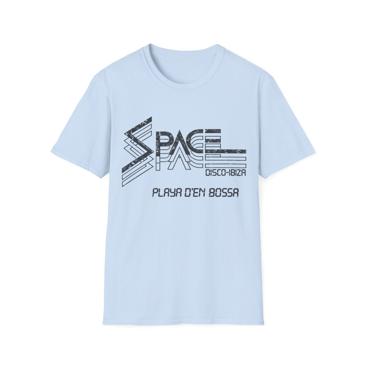 Light blue t-shirt with "SPACE DISCO-IBIZA PLAYA D'EN BOSSA" graphic.