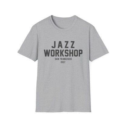 Grey t-shirt with "JAZZ WORKSHOP SAN FRANCISCO 1957" text.