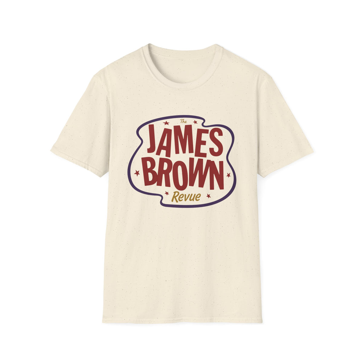 Cream t-shirt with "The James Brown Revue" text in a stylized graphic.
