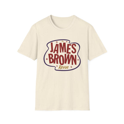 Cream t-shirt with "The James Brown Revue" text in a stylized graphic.