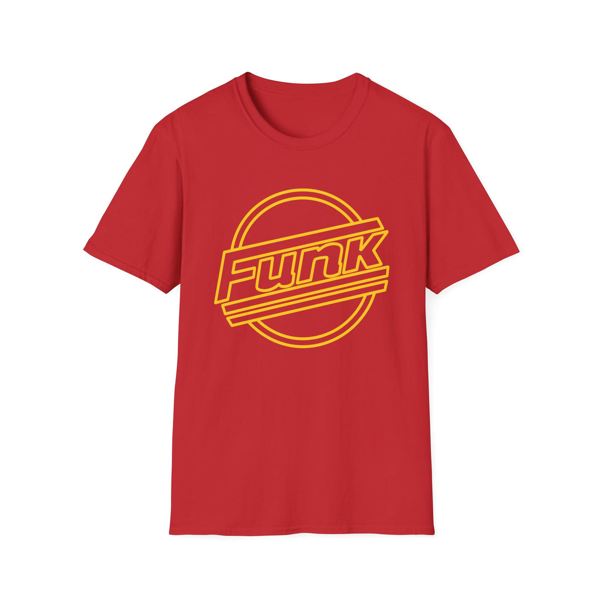 Red t-shirt with yellow "Funk" text inside a circular design.