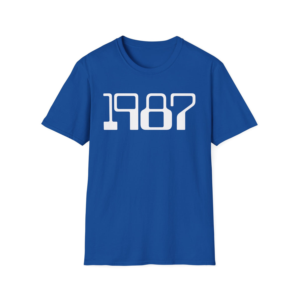 Blue t-shirt with "1987" printed in white.