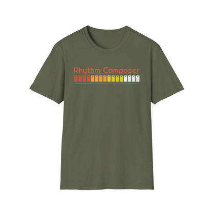 Green t-shirt with "Rhythm Composer" text and colorful equalizer graphic.