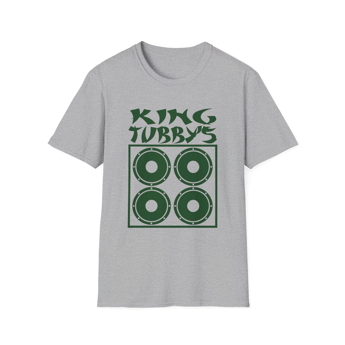 Grey t-shirt with "KING TUBBY'S" and a graphic of four speakers.