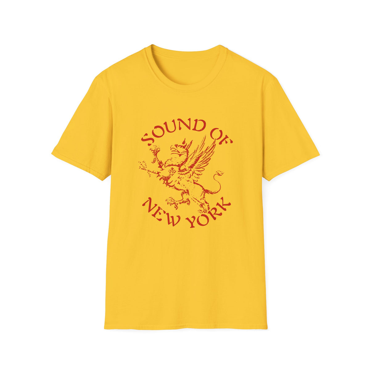Yellow t-shirt with red "Sound of New York" text and griffin graphic.