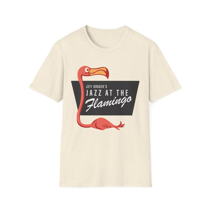 Cream t-shirt with graphic: Jeff Kruger's Jazz at The Flamingo with flamingo.