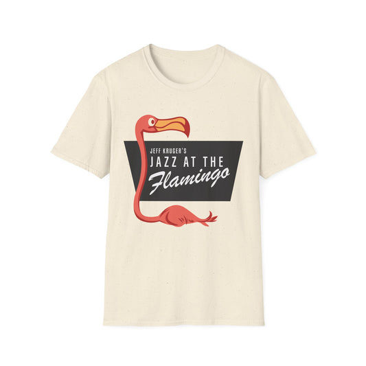 Cream t-shirt with graphic: Jeff Kruger's Jazz at The Flamingo with flamingo.