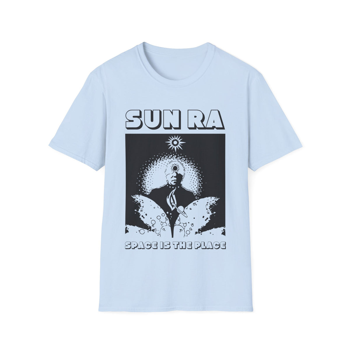 Light blue t-shirt with "SUN RA SPACE IS THE PLACE" graphic.