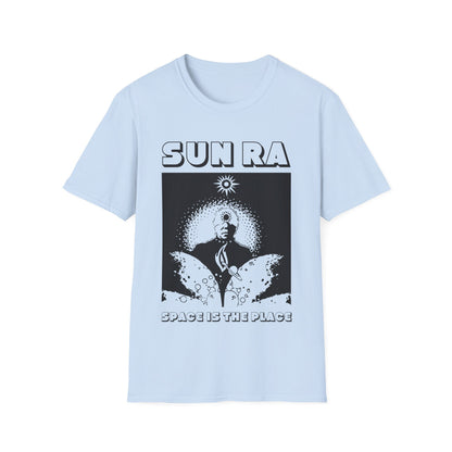 Light blue t-shirt with "SUN RA SPACE IS THE PLACE" graphic.