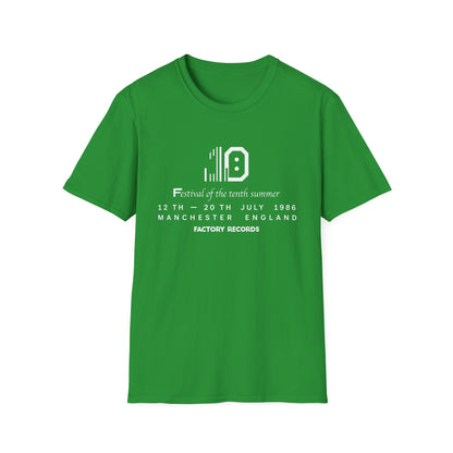 Green t-shirt with Factory Records "Festival of the tenth summer 1986" text.