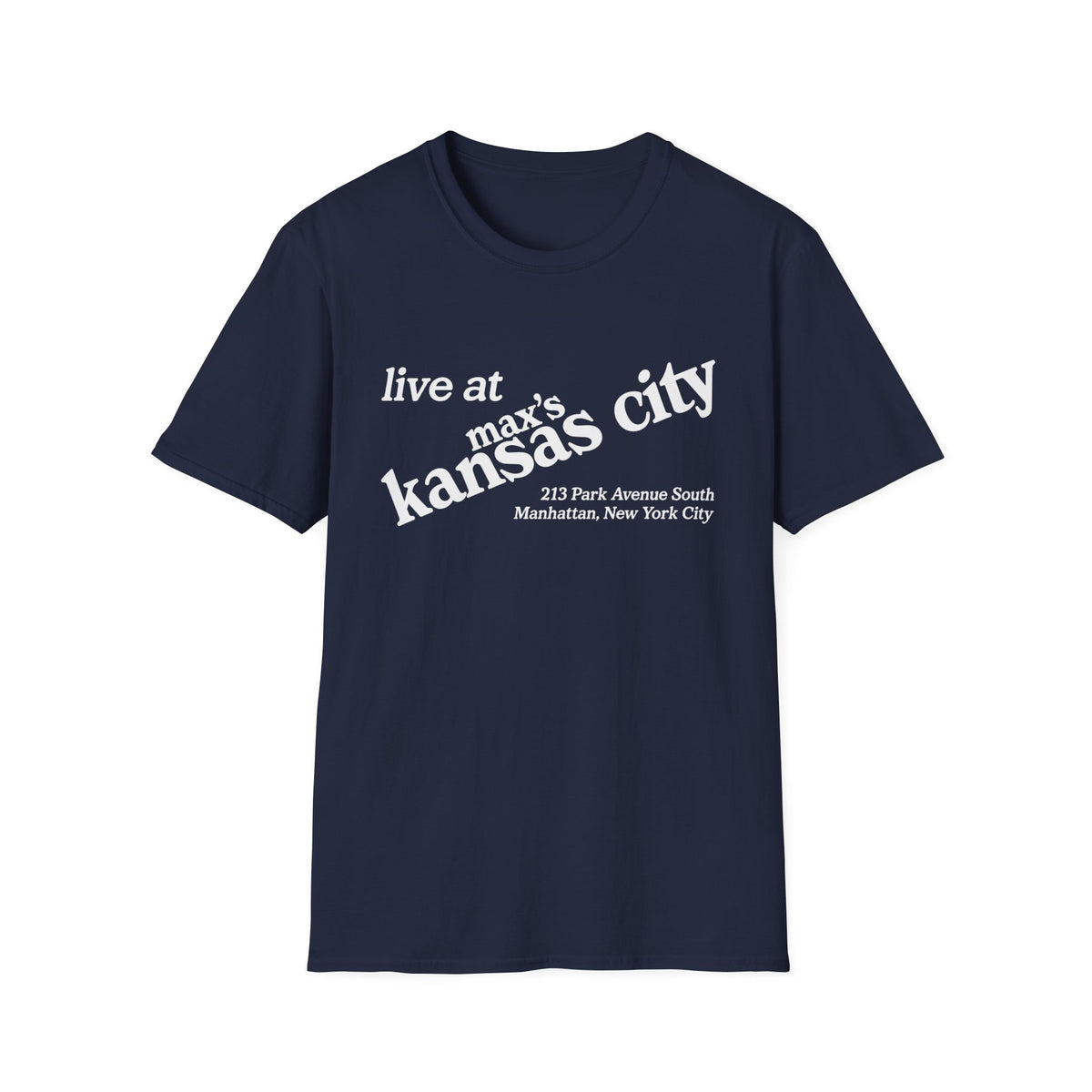 Navy t-shirt with "live at max's kansas city" and address.