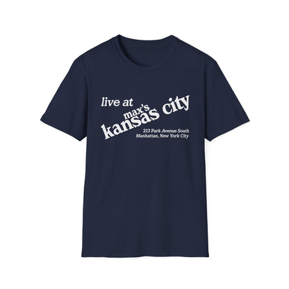 Navy t-shirt with "live at max's kansas city" and address.