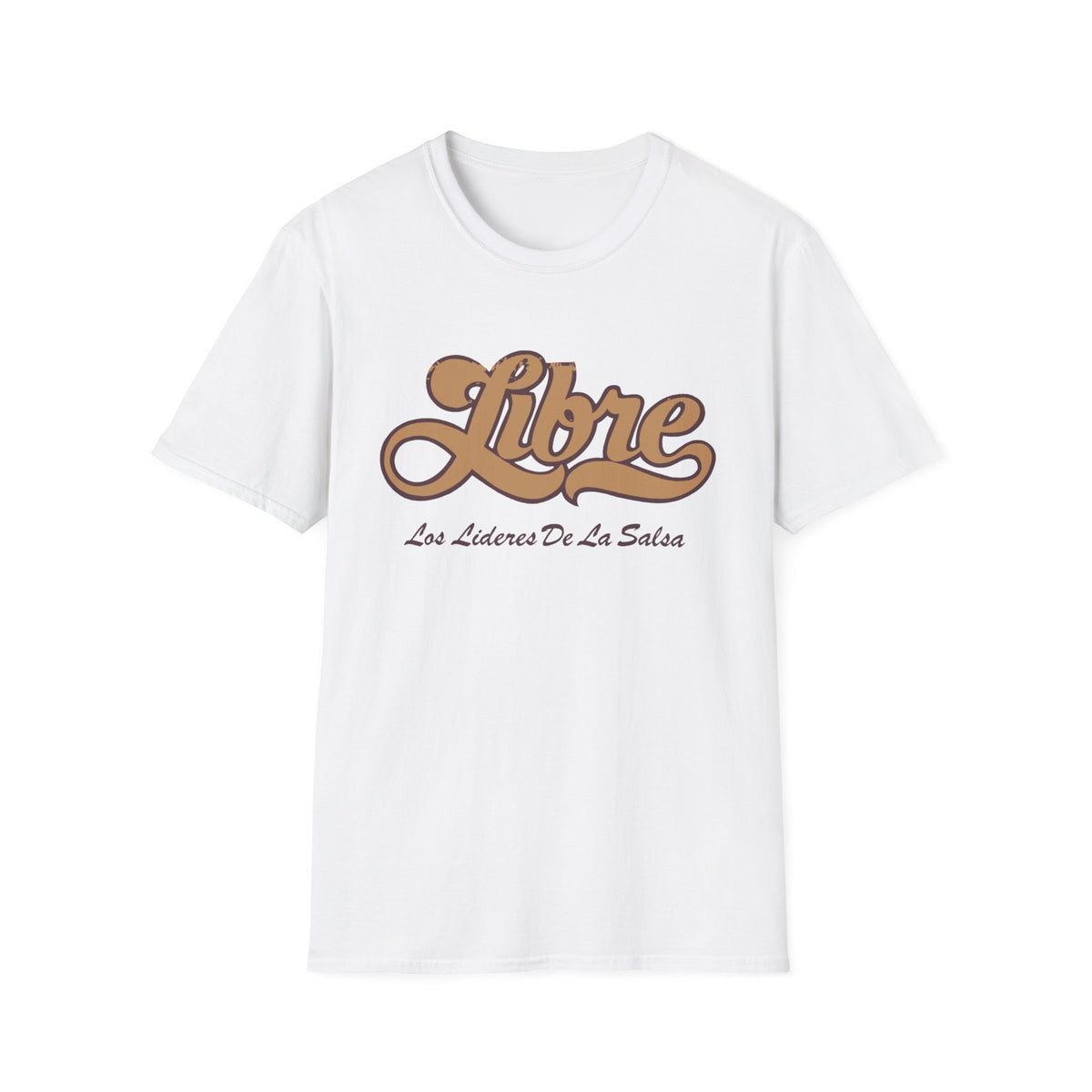 White t-shirt with "Libre Los Lideres De La Salsa" graphic in brown.