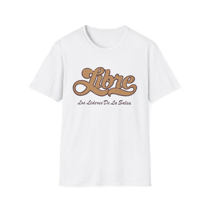 White t-shirt with "Libre Los Lideres De La Salsa" graphic in brown.
