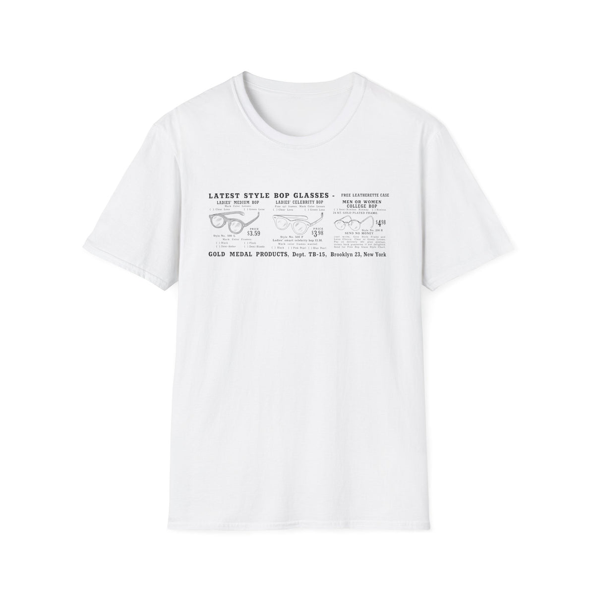 White t-shirt with graphic showing three styles of glasses and ordering information.