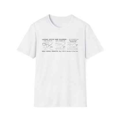 White t-shirt with graphic showing three styles of glasses and ordering information.