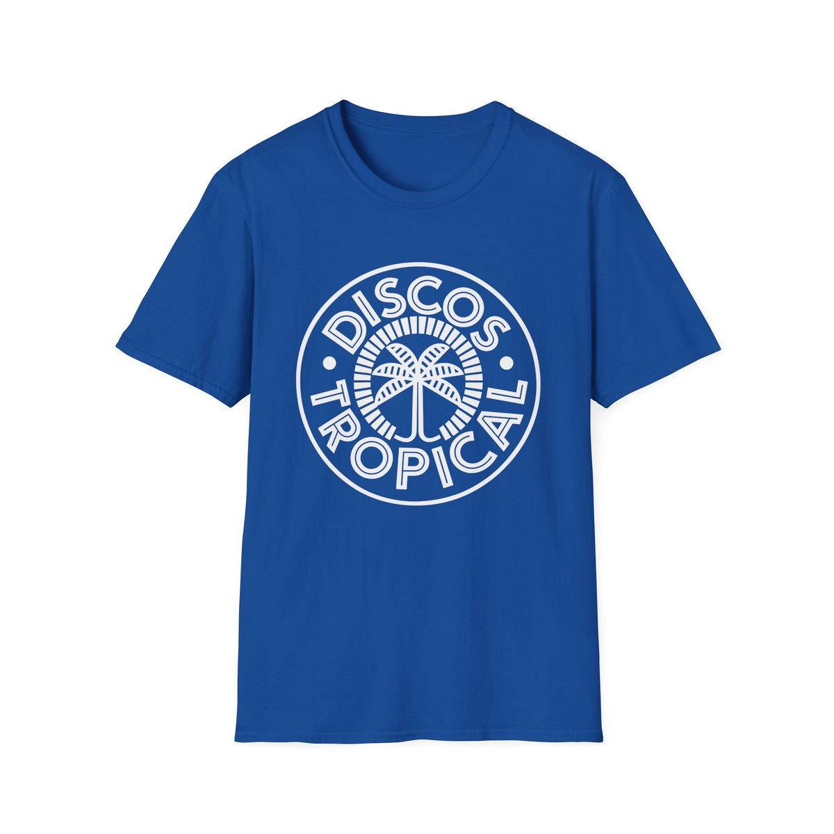 Blue t-shirt with white "Disco Tropical" palm tree graphic in a circle.