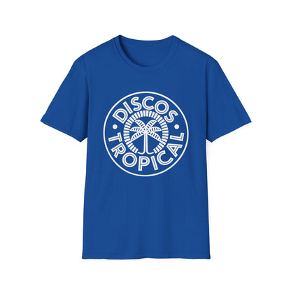Blue t-shirt with white "Disco Tropical" palm tree graphic in a circle.