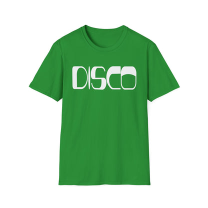 Green t-shirt with white "DISCO" lettering in a retro font.