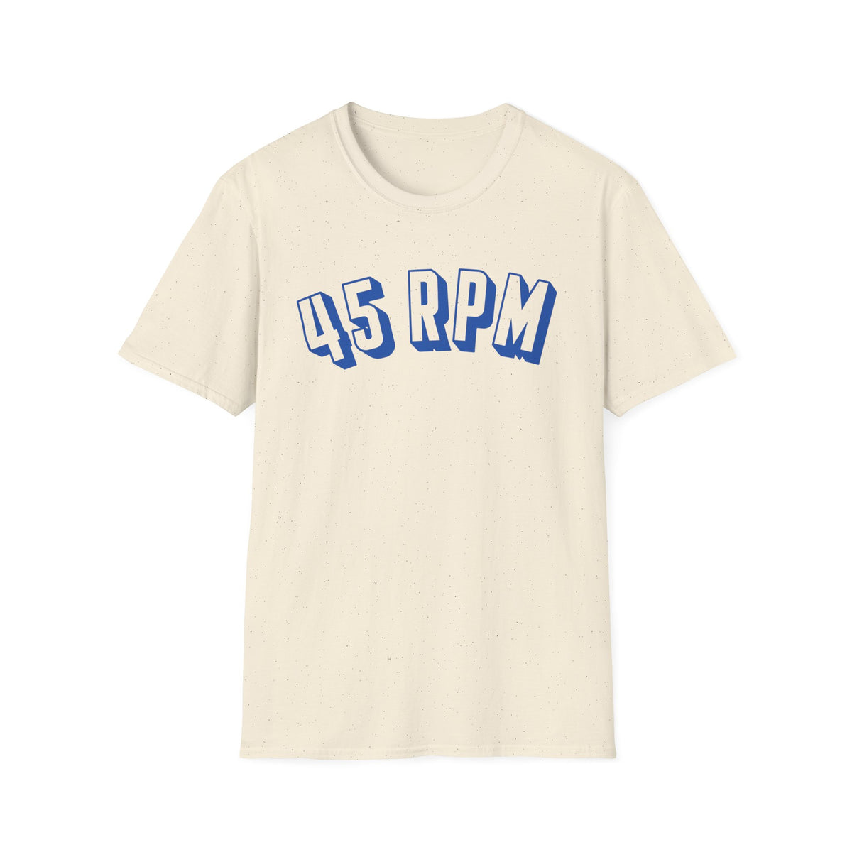 Cream t-shirt with blue "45 RPM" graphic.