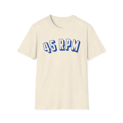 Cream t-shirt with blue "45 RPM" graphic.