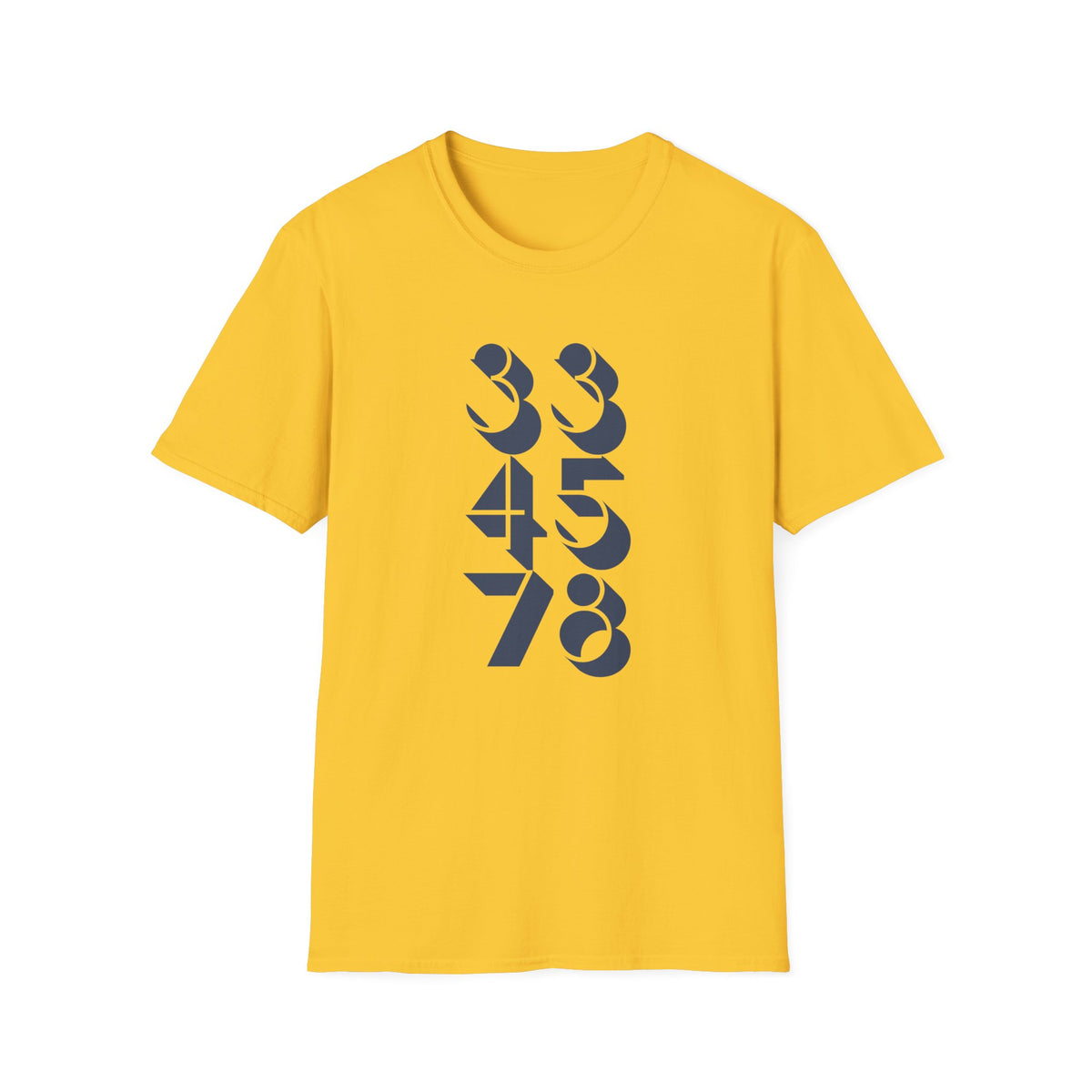 Yellow t-shirt with dark blue numbers 33, 45, 78 graphic.