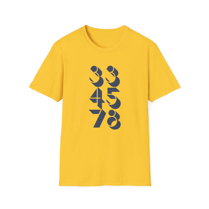 Yellow t-shirt with dark blue numbers 33, 45, 78 graphic.