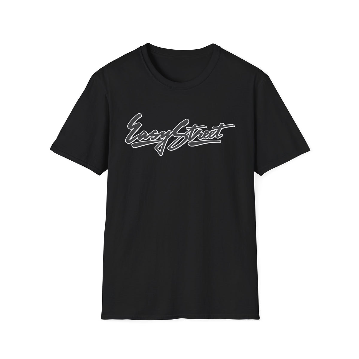 Black t-shirt with "Easy Street" text graphic in white cursive lettering.
