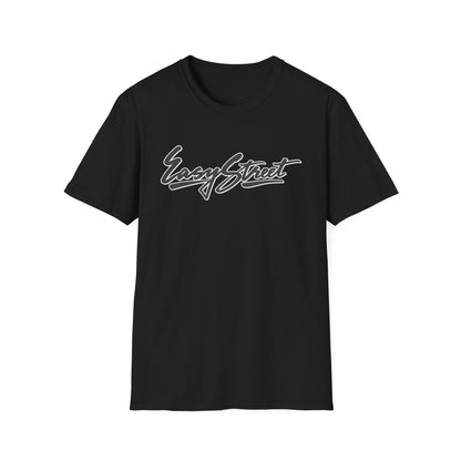Black t-shirt with "Easy Street" text graphic in white cursive lettering.