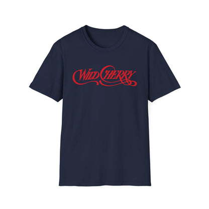 Navy t-shirt with red "Wild Cherry" text logo.