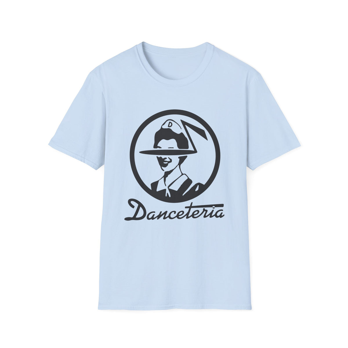 Light blue t-shirt with black graphic of a person wearing a hat and the text "Danceteria".