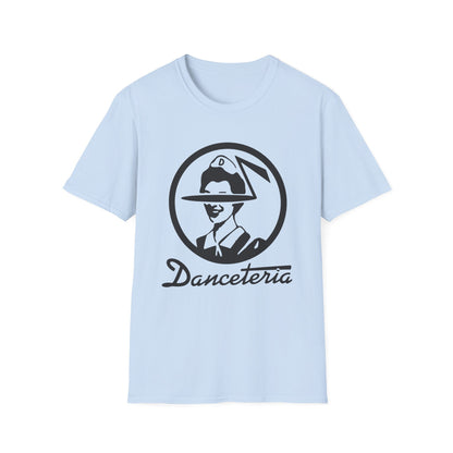 Light blue t-shirt with black graphic of a person wearing a hat and the text "Danceteria".