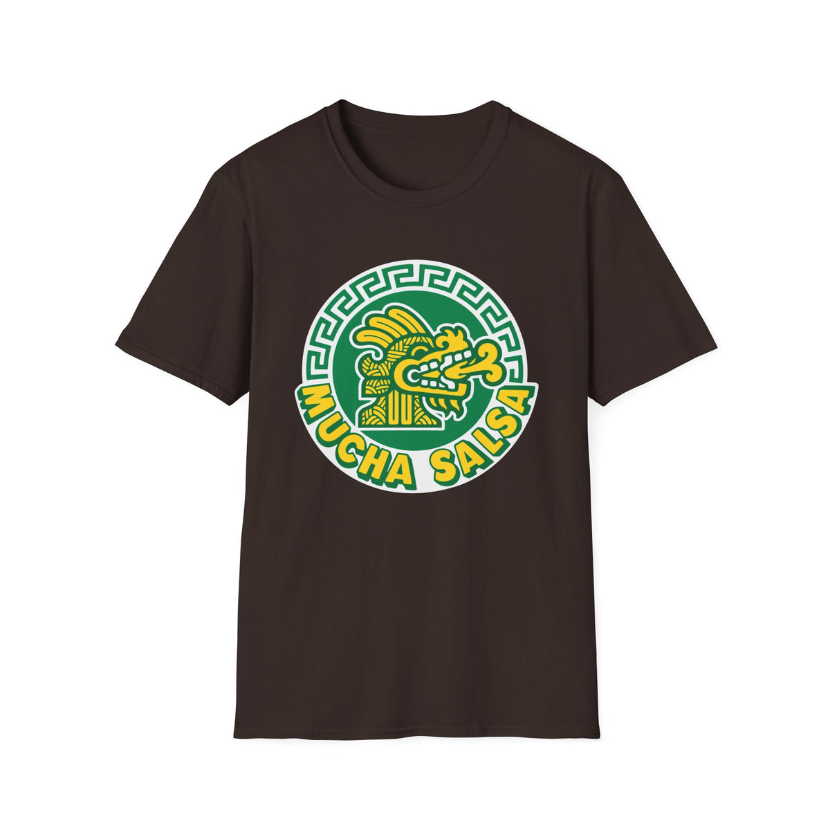 Brown t-shirt with a green and yellow Mucha Salsa logo featuring a dragon.