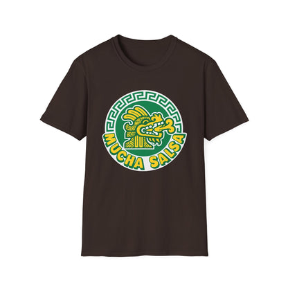 Brown t-shirt with a green and yellow Mucha Salsa logo featuring a dragon.