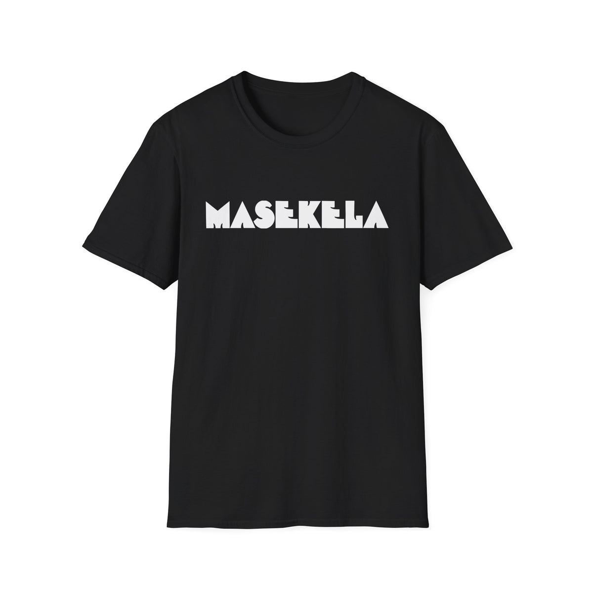 Black t-shirt with white "MASEKELA" text printed on the front.