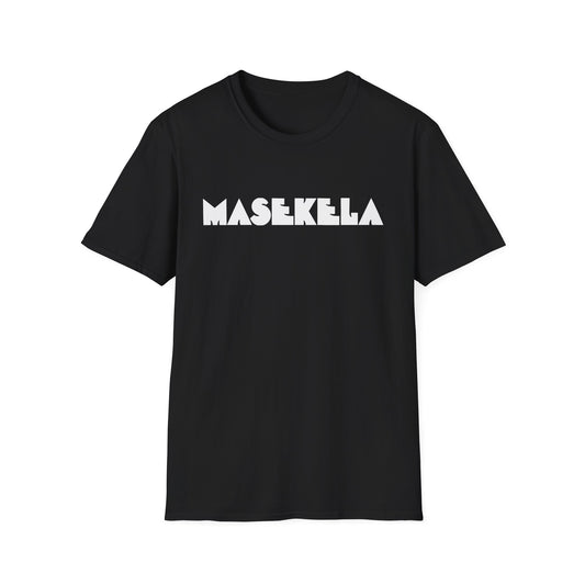 Black t-shirt with white "MASEKELA" text printed on the front.