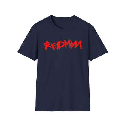 Navy t-shirt with red "REDMYN" graphic print.