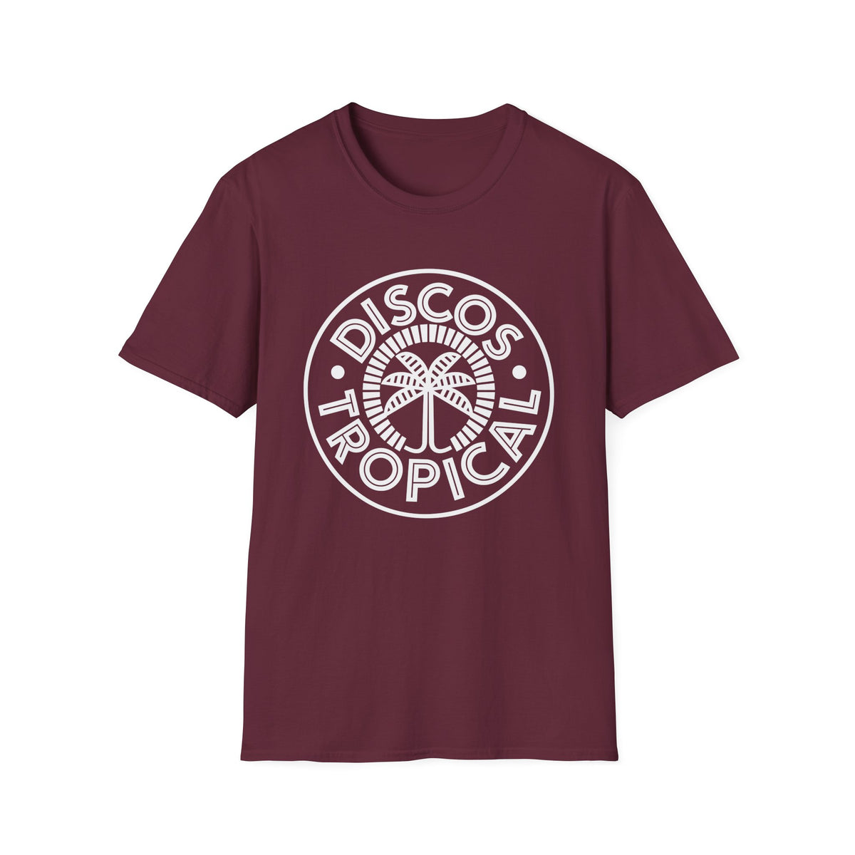 Maroon t-shirt with white "Disco Tropical" palm tree graphic.