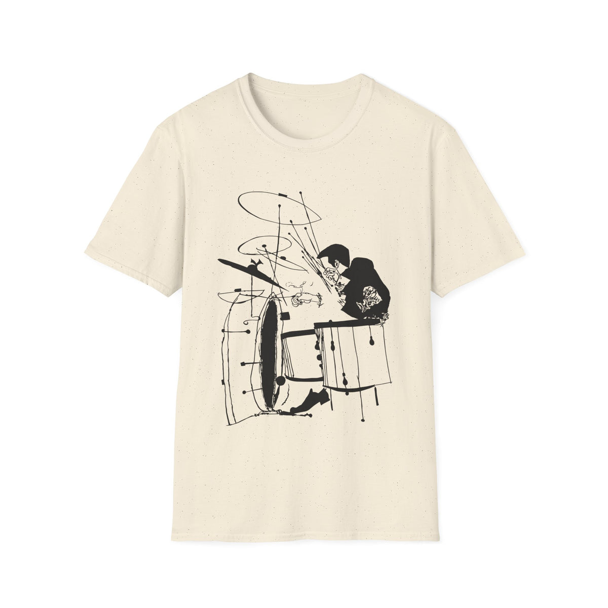 T-shirt with black line art illustration of a drummer and drum set.