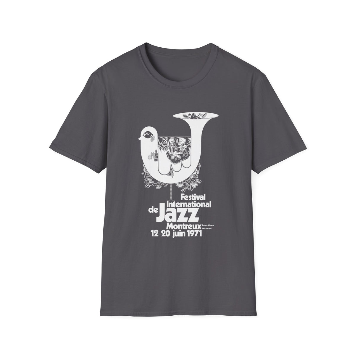 Montreux Jazz Festival 1971 t-shirt with white bird graphic and text.