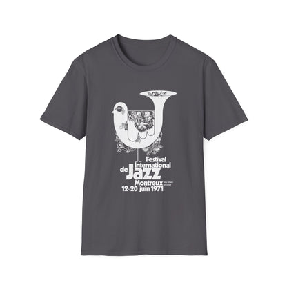 Montreux Jazz Festival 1971 t-shirt with white bird graphic and text.