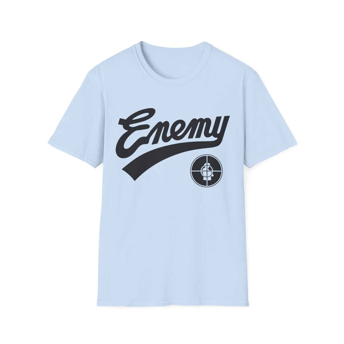Light blue t-shirt with black "Enemy" text and a target logo.